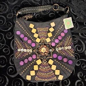 Charm & Luck Boho Black and Purple Embellished Shoulder Bag